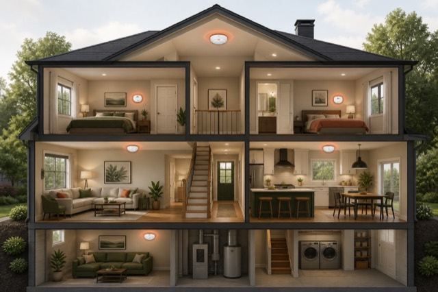 An illustrated house cutaway showing alarms on multiple levels and near bedrooms