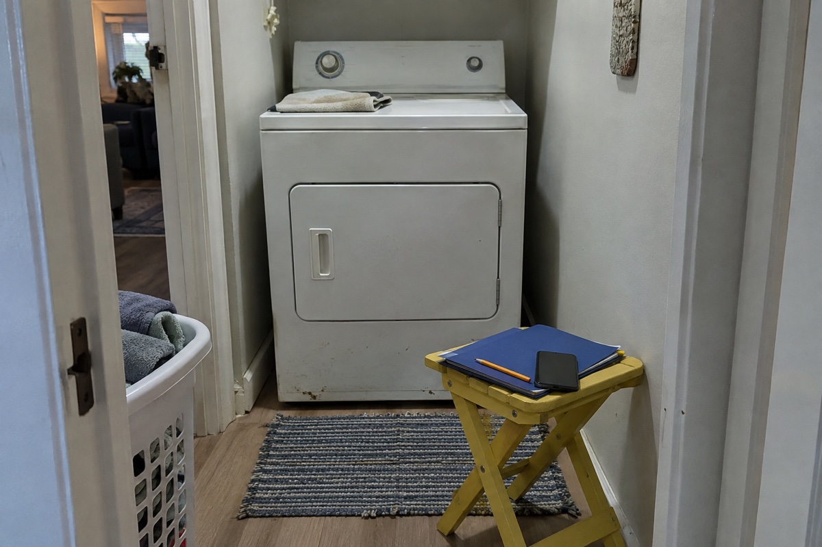 A closed older dryer beside a yellow stool holding a blue folder, pencil, and phone.