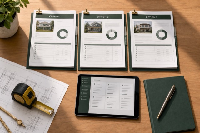 Three home-improvement quote packets arranged for side-by-side comparison
