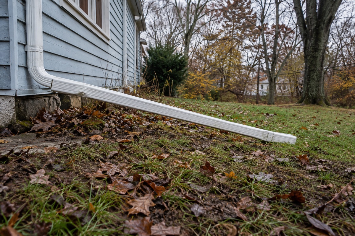 A downspout extension runs away from a home's foundation across a damp lawn.