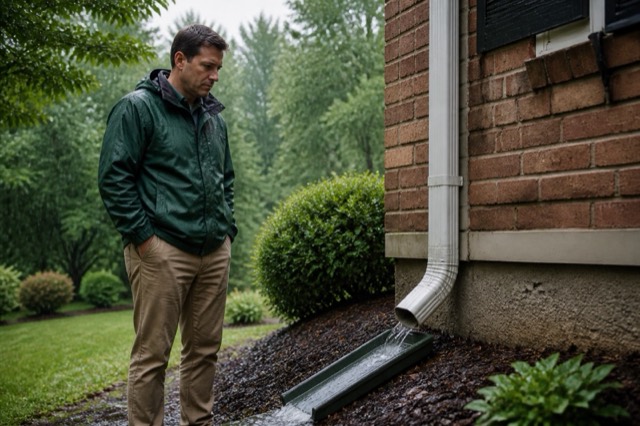 A homeowner observes rainwater flowing through a downspout and away from the foundation