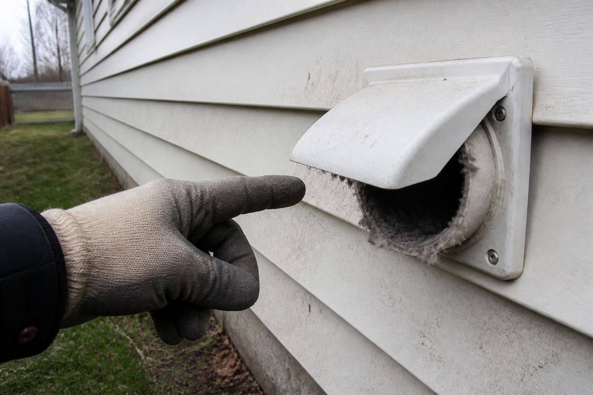 A gloved homeowner points out lint around a dryer's exterior vent while the appliance is off