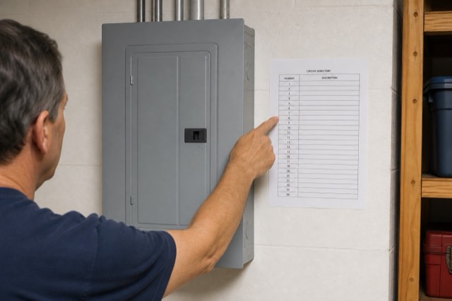 A homeowner reviews a circuit directory beside a closed electrical panel