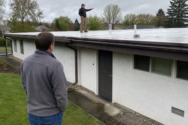 A homeowner discusses a low-slope membrane roof with a roofer from ground level