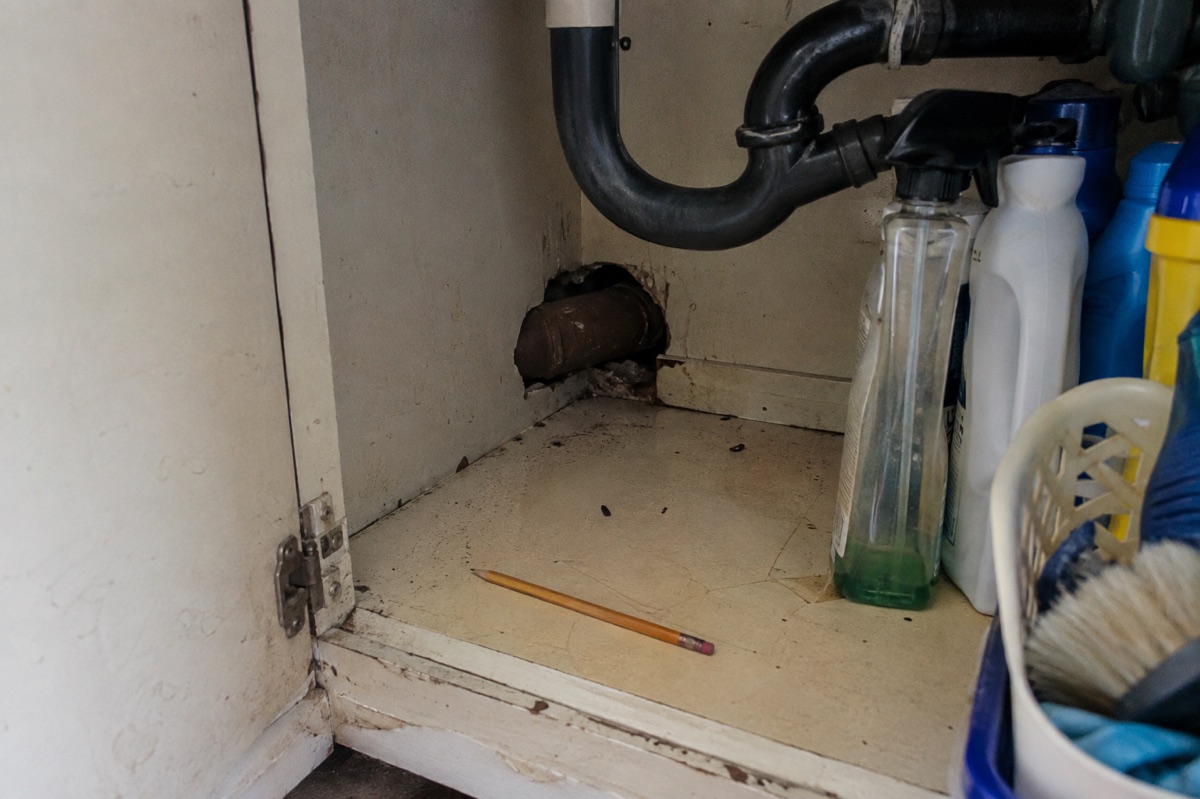 A pencil shows the size of an unsealed pipe gap inside an ordinary kitchen cabinet
