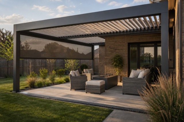 A residential patio beneath a louvered pergola with a motorized screen