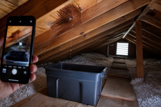 A small attic roof leak is caught in a bin and documented with a phone