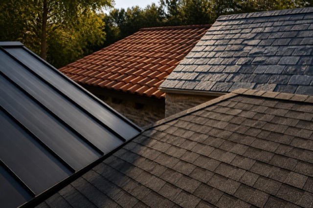 Standing-seam metal and architectural asphalt shingle roofs side by side