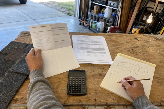 A homeowner compares a vague roofing quote with a detailed proposal at a garage workbench