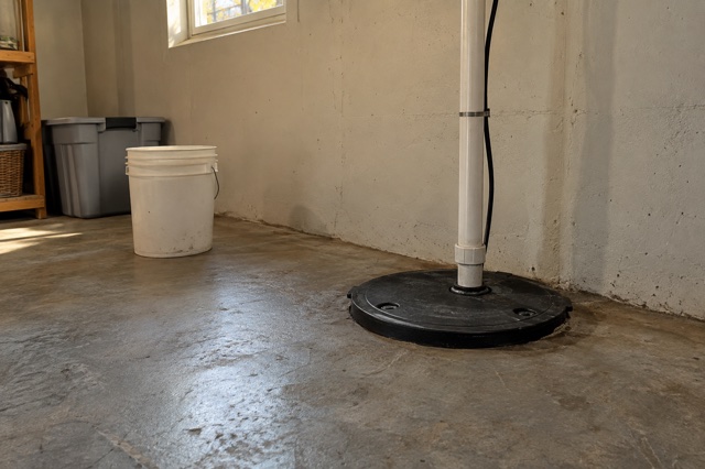 A closed sump-pump basin on a dry basement floor, with an unused bucket set away from it.