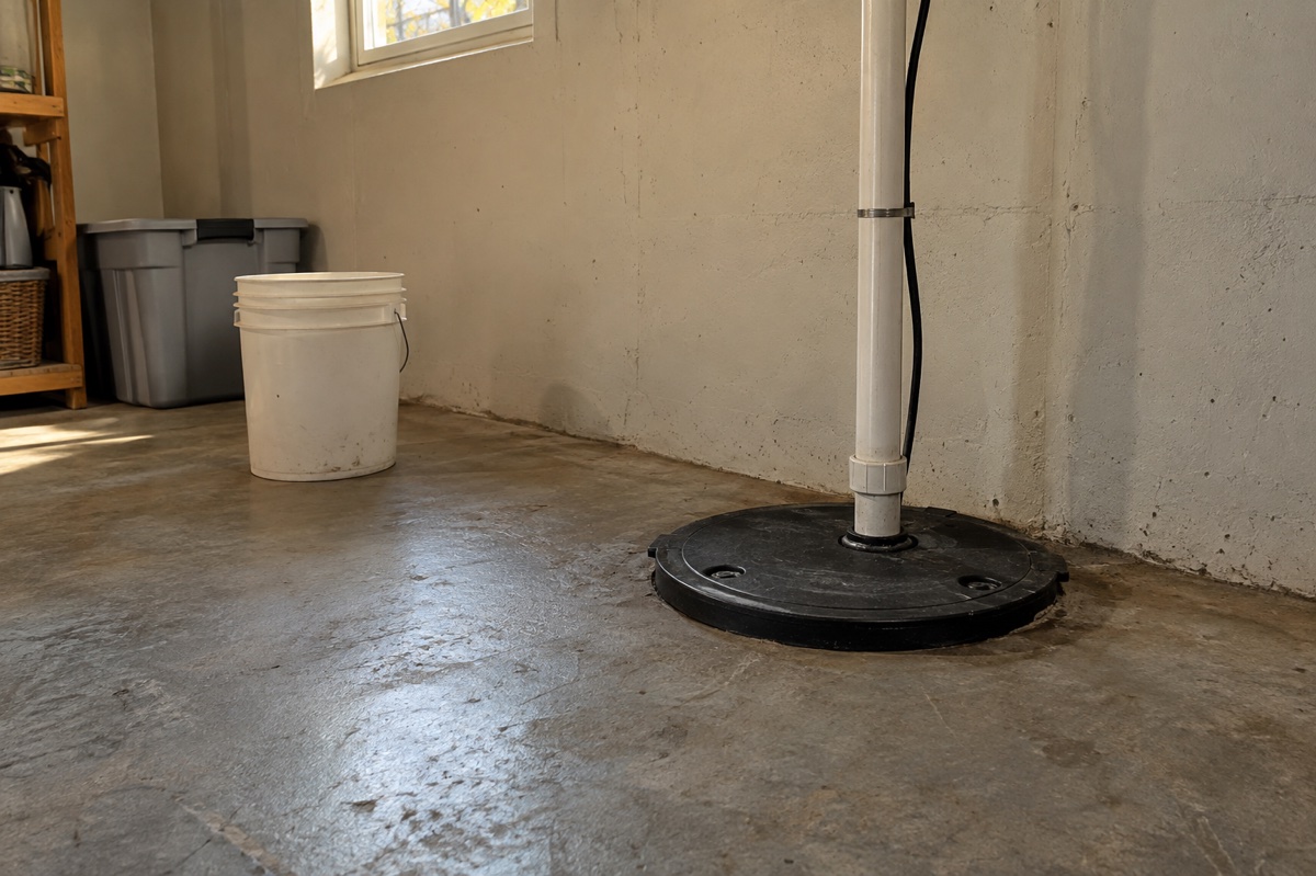 A closed sump-pump basin on a dry basement floor, with an unused bucket set away from it.