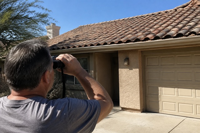 A homeowner uses binoculars to inspect a terracotta tile roof from the driveway