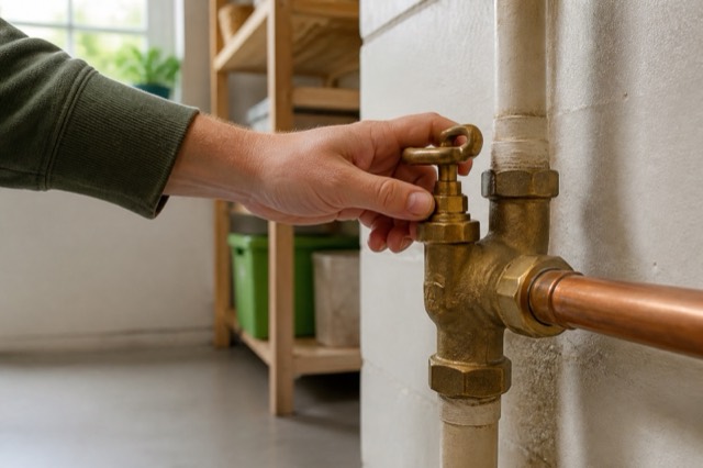 A homeowner closes a brass main water shutoff valve in a utility room